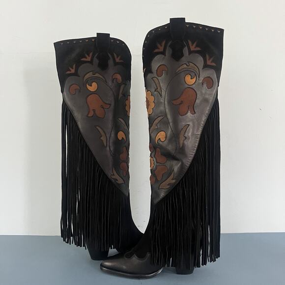 NWT Spell Sannah Fringe Onyx Black Leather Suede Western Tall Boots - Picture 11 of 16